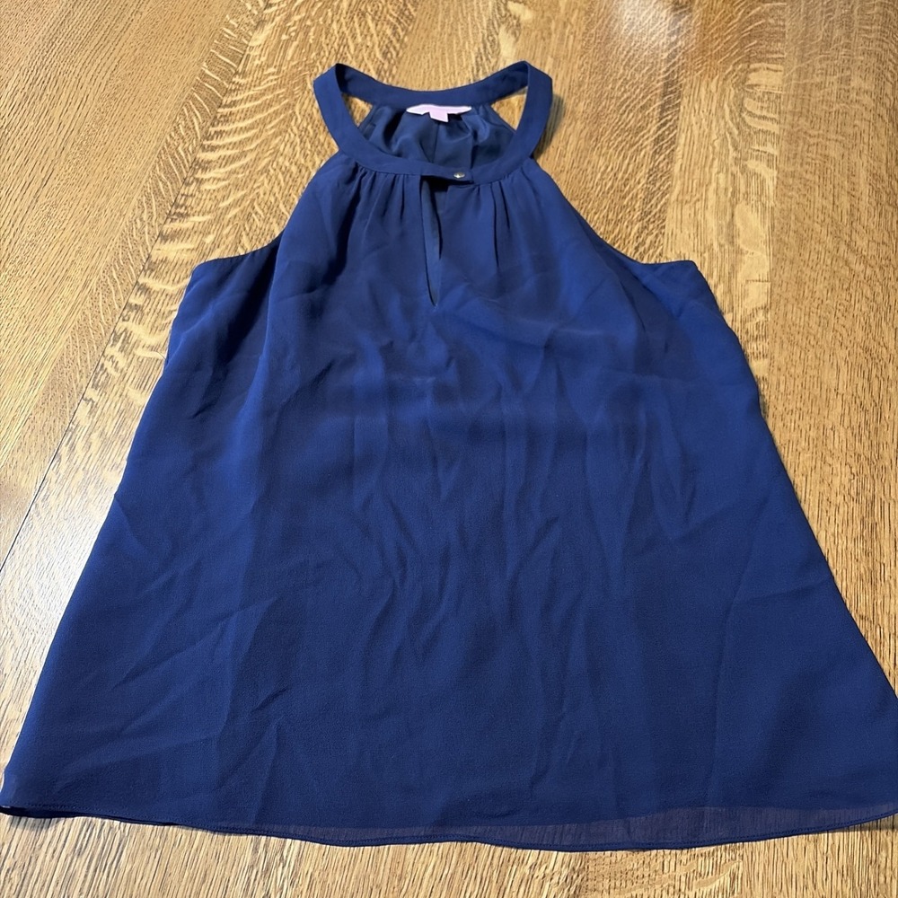 "Lilly Pulitzer Rogan Navy Blue Silk Halter Keyhole Blouse Top Medium"